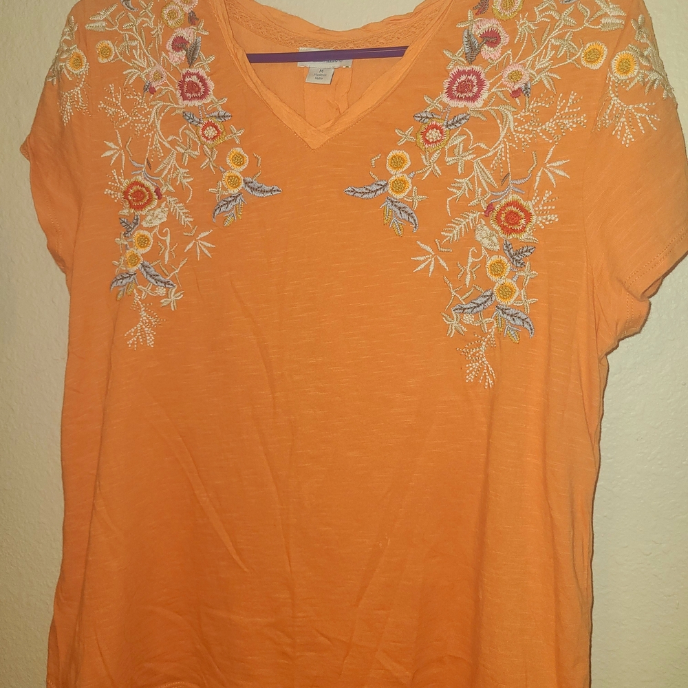 Sundance Orange Floral Embroidered V-Neck Tee